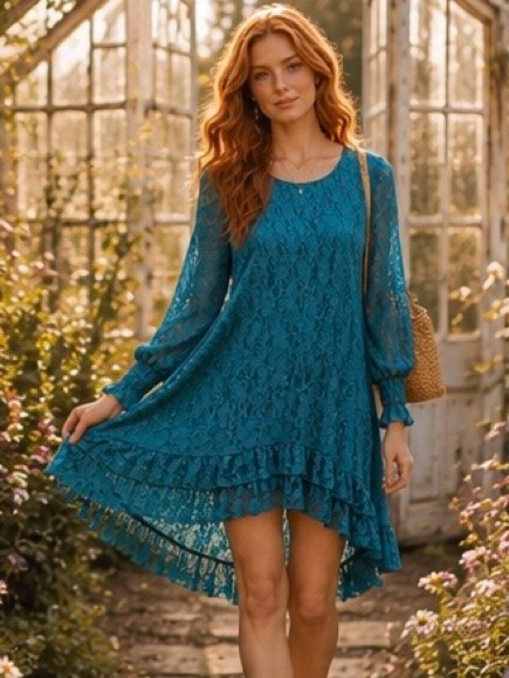Teal Lace Long-Sleeve Ruffle-Hem Dress